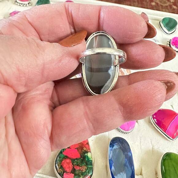 💕 Botswana agate oval natural gemstone ring silver overlay stamped 925 size 6.5 - Picture 3 of 4